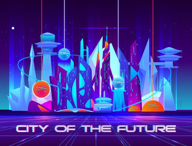 未来科技科幻霓虹灯渐变绚丽城市建筑夜景灯光插画AI/PSD设计素材100套【082】